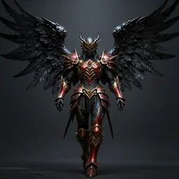 metal album art with a dark angel with black wings and ornate red and gold armor, dark fantasy, trending on artstation