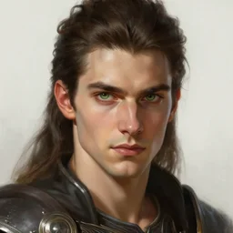 closeup fantasy portrait of a clean shaven determined young man with swept back dark brown hair and green eyes, preparing for battle, fantasy, intricate, elegant, highly detailed, digital painting, artstation, concept art, smooth, sharp focus, illustration, art by artgerm and greg rutkowski