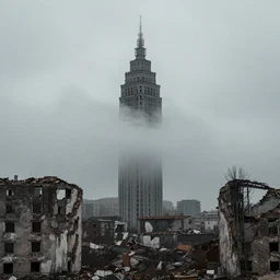 a destroyed city with a big tower in the middle covered in mist by michal karcz