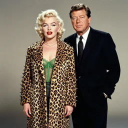Marilyn Monroe, standing next to JFK, is wearing a Leopard coat long with black leather spikes and green lace, photographed in the style Annie Leibovitz, Studio Lighting, Photorealistic