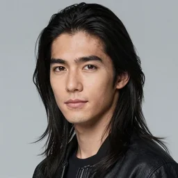 a very handsome japanese guy with long black hair, sigma 8 5 mm, high quality, portrait photography