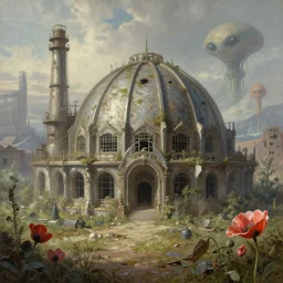 a beautiful detailed painting of city urbex building abandoned industrial architecture nature architecture dome house by john constable, poppy extraterrestial tundra azeroth scumm bar, archdaily, wallpaper, highly detailed, trending on artstation.