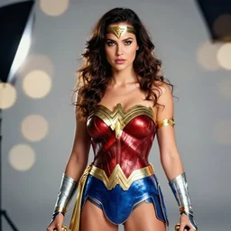 photoshoot of model izabel goulart as wonder woman, hyperreal, studio lighting, photography in the style of annie leibovitz, soft focus, bokeh, 1 5 0 mm