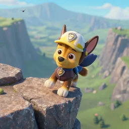 paw patrol rescue dog, as nendoroid falling off the edge of a cliff, jagged sharp rocks, mountains, birds eye view, in the croods movie style, anime, disney, pixar, 8 k, hd, kodak film, volumetric lighting, subsurface scattering, photorealistic, octane render, details, xgen fur