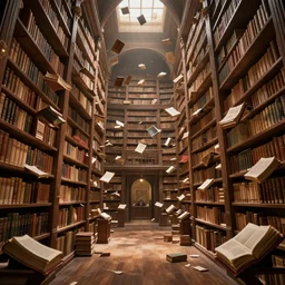 ancient library interior holding the secrets of mankind, floating books everywhere, magical atmosphere