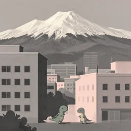 lofi downtown vibes, with charcoal and pastel; downtown buildings in the foreground, in studio ghibli style; little dinosaur creatures in the foreground, by Vincent Di Fate; the background is battle mountain