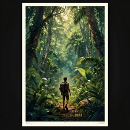 Poster, adventure travel to the exotic jungle, vintage Film Poster, illustration, dramatic lighting, cinematic, establishing shot, extremly high detail, photo realistic, cinematic lighting, post processed, concept art, artstation, matte painting, style by eddie mendoza, raphael lacoste, alex ross