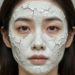 woman's face covered with the texture of cracked and glzed ceramic