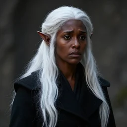a portrait of a female drow elf, pitchblack skin, naive, innocent, worried, long white hair, wearing a black coat, style by donato giancola, wayne reynolds, jeff easley dramatic light, high detail, cinematic lighting, artstation, dungeons and dragons
