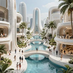 futuristic utopian paradise, canals, bridges, white marble buildings, tropical, palm trees, crowds of people, by leon tukker, zaha hadid, high quality photography, cinematic lighting, octane render, artstation