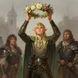 concept art, elf prince raising a crown of flowers above his head, style digital painting, concept art, smooth, sharp focus, illustration, from metal gear, by ruan jia and mandy jurgens and william - adolphe bouguereau, artgerm