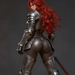 Female paladin, dnd, d&d, leggins, red hair, looking from behind, visible face, beautiful face, derriere, high fantasy, matte painting, by wlop
