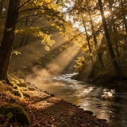 A matte painting of a river bank in a forest during the golden hour in autumn, surrounded by dust and volumetric light shining through the tree tops