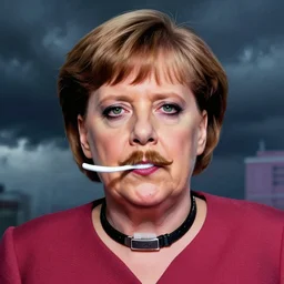 portrait of glamor angela merkel | dog collar | ( toothbrush mustache ) | stormy background | highly detailed | very intricate | professional model | eerie lighting | painted by donato giancola and mandy jurgens and charlie bowater | bold colors, artdeco, art deco synthwave anime aesthestic, 8 0 s nostalgia | artstation