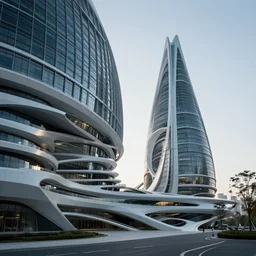 futuristic building by zaha hadid and renzo piano, contemporary architecture, photo journalism, photography, cinematic, national geographic photoshoot
