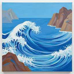 painting of waves in the ocean with mountains in the corners, canvas, acrylic paint, by roy liechtestein, by asaf hanuka, isometric, 4 k, ultra - hd