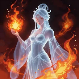 pixel art of a female japanese fire elemental, ghostly form, transparent, d & d, highly, in the style of pixel art, detailed pixel art, digital painting, art stations, concept art, sharp focus, illustration, cinematic lighting, pixel art by artgerm and greg rutkowski and alphonse mucha