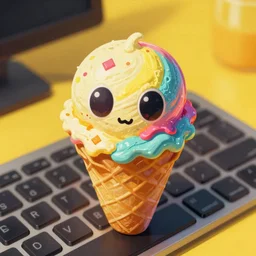 hyperrealistic popart cute multicolored ice cream with eyes on keyboard jason limon digital painting dramatic yellow lighting high angle hd 8k sharp shallow depth of field