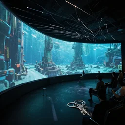 visor with curved translucent screens projecting detailed sci - fi art ( 2 0 4 2 ), pixel perfect photograph, high contrast, volumetric lighting, thin glowing lights, underwater, chairs, users, pair of keys