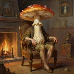 portrait of a mushroom sitting in a chair by the fireplace, science fantasy painting, elegant intricate digital painting artstation, art by normal rockwell, detailed