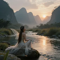 a very beautiful fantasy nymph on the bank of a river with morning sunrise in the distance and jagged faded mountains beyond