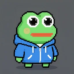 pixel art of a pepe frog wearing a hoodie. nft art. pixel retro cute nft art.