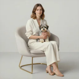 an award winning anamorphosis painting of a woman, sitting in a designer chair, holding her dog, inspired by lise deharme, mark ryden, albrecht durer, abstract, a level art, intricate, pop surrealism, digital poster, ornately detailed, photorealism, trending in artstation