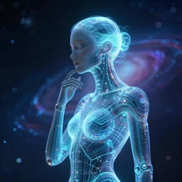 an cybernetic goddess, contemplating existence, beyond the known universe, fine art, bokeh, omnidimensional, ocd, electroluminescent wire by wayne barlowe