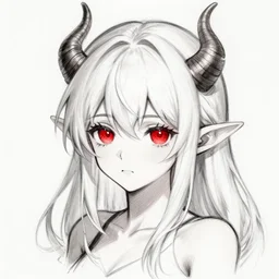 white hair, red eyes, elf ears, two small horn on the head, anime style, anime girl, sketch, 4k, beautiful art