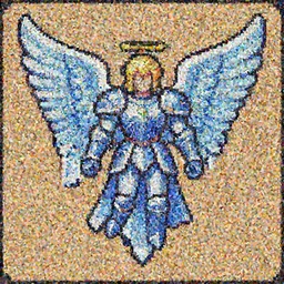 an angel, super nintendo game sprite, symetric, pixelate, barroque blue armor, warrior blue armor