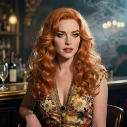 sophisticated portrait of Christina Hendricks, 1960s flower power hippy, very smoky Paris bar, elegance, highly detailed, shallow depth of field, Artstation, Artgerm, Donato Giancola and Joseph Christian Leyendecker