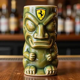 a closeup photorealistic photograph of a glossy ferrari themed tiki mug at at an outdoor trader vic's bar featuring the young enzo ferrari's face. tiki party. bright scene. fine detail. this 4 k hd image is trending on artstation, featured on behance, well - rendered, extra crisp, features intricate detail, epic composition and the style of unreal engine.