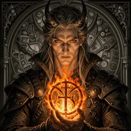 portrait of of lucifer morningstar in front of biomechanical hell gate holding an flaming sigil, sharp eyes, hyper realistic face, fantasy art, greg rutkowski, intricate, alphonse mucha, hyper detailed engraving, concept art, elden ring, illustration, smooth, sharp focus, by gustave dore and zdizslaw beksinski