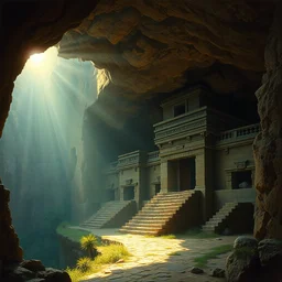 aztec ruins built on the walls of a cave by jorge jacinto, albert bierstadt, jim burns, edwin church, frederic thomas cole, brown durand, asher david friedrich, caspar james gurney, johnson heade, martin raphael lacoste, ted nasmith, andreas rocha, christophe vacher, mystical, fantasy, rays of sun light, atmospheric lighting