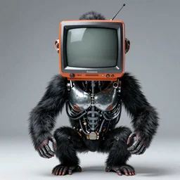 an ape wiht a CRT TV for a head, panasonic, cyborg, alien, retro-sci fi vibes