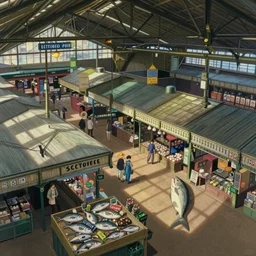 fish market in london liverpool, natural lighting, wide angle, natural color scheme, intricate details, matte painting, illustration, by hayao miyazaki