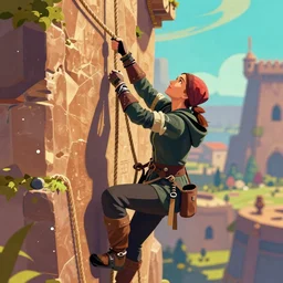 kate beckinsale weared as dnd thief looks up, and climbing on the wall by rope, high altitude, medieval dnd, colorfull digital fantasy art, 4k