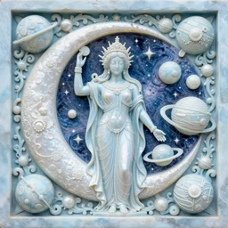 intricate colourfully painted carved Soapstone relief paneling, iridescent, pearl and pale blue toned, celestial, cosmos, galaxies, planets, divinity, moon goddess, mother earth, Earth Goddess mythology, Gaia, angels, dream atmosphere, bright colors, vivid colors, Ghostly, crystaline celtic, insanly detailed , artstation, wallpaper, hyper realistic, realistic lighting