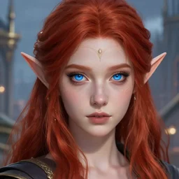beatiful crimson haired elf wizard girl with sky blue eyes, intricate, highly detailed, focus on face, elven city begin, fov, artwork by marcus whinney and greg rutkowski, trending in artstation