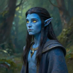 A blue skinned male elf with yellow eyes, young noble, scholar, clad in robes, curious, forwards facing, profile shot, centered, fair, fantasy concept art, long straight beautiful hair, mystical eyes, magical lighting, beautiful, mystical, shimmers, nature, oil painting, forest background