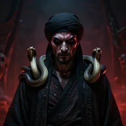 an evil man wearing black turban two snakes on his shoulder, dark theme, in hell