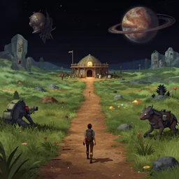 on the path leading to a remote outpost, on an alien planet, from a space themed point and click 2 d graphic adventure game, set design inspired slightly by hg giger and tomb raider, art inspired by thomas kinkade and bill alexander