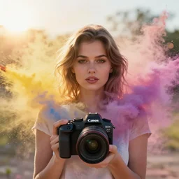 portrait photography of a beautiful woman surrounded by colored powder and smoke explosions byanka zhuravleva and ary scheffer. marco mazzoni. vogue. kodak portra. ( depth of field ). bokeh!. golden hour. detailed. hq. realistic. vibrant. lens flare. canon eos r 3, 8 k, raw, symmetrical balance, in - frame
