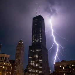 lightning bolts reigning over the willis tower in chicago illinois, detailed, 8k
