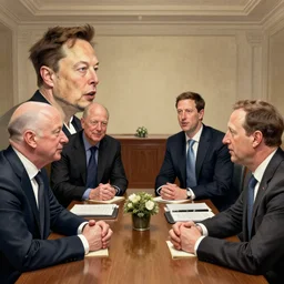 illustration of a meeting between elon musk, mark zuckerberg, jeff bezos, very detailled, by artgem, greg rutkowski