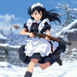 portrait of anime maid maid dress with mosin - nagant rifle in hands running winter, anatomically correct!! by greg rutkowski, key visual, kyoto animation, makoto shinkai, studio ghibli kushart krenz pixiv, sharp, detailed, high quality, award winning