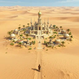 a small inhabited religious warrior village with pale colored spiritual sacred alien architecture in the lush oasis of a vast flat empty sand desert with dunes, 3 rd person action adventure rpg, screenshot, gameplay, walkthrough, square enix, jrpg, cutscene, greg rutkowski, concept art, artstation, highly detailed, matte painting, octane render, 8 k, unreal engine