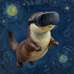 an otter wearing vr glasses, floating in space, oil painting, hyperdetailed, by vincent van gogh