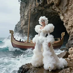 photograph with stylish lens effect, stylistic lighting, 1 9 8 0's sci - fi style, extremely epic, hyppereality, weta digital, octane render, a woman in a wild salacious flamboyant foam rubber costume standing in the cliffside entrance to a cave alongside crashing dramatic ocean waves with sea foam and sea spray, an ancient greek trireme