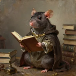 classic oil painting, an anthropomorphic rat dressed as a medieval librarian, comfy, highly detailed, digital illustration, concept art, smooth, sharp focus, art by alex grey and james gurney